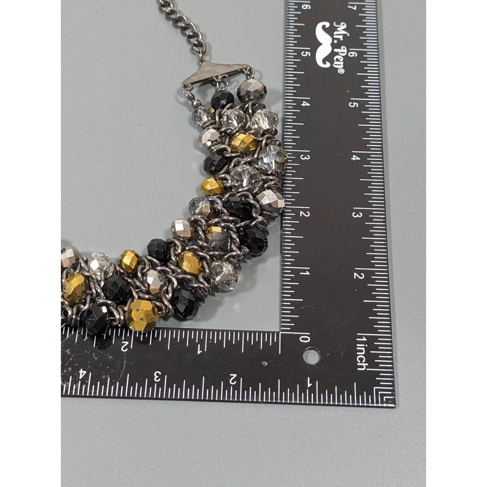 Gunmetal Gray Black Gold Glass Bead Woven Bib‎ Statement Necklace 19